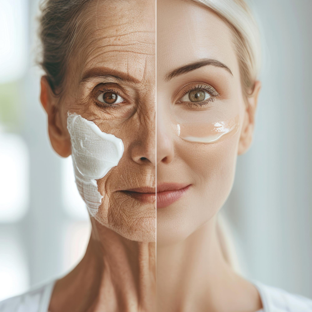 This image strikingly contrasts two sides of a woman's face: one side is untreated, showcasing deep wrinkles, sagging skin, and signs of aging; the other side appears youthful and rejuvenated, benefiting from effective skincare treatments. The older side is coated with a thick, white anti-aging cream, emphasizing the battle against aging. In contrast, the younger-looking side is minimally treated with a clear, radiant serum under the eye, showcasing the effectiveness of skincare regimes. This visual powerfully illustrates the potential transformations skincare products can offer, set in a bright, modern environment.