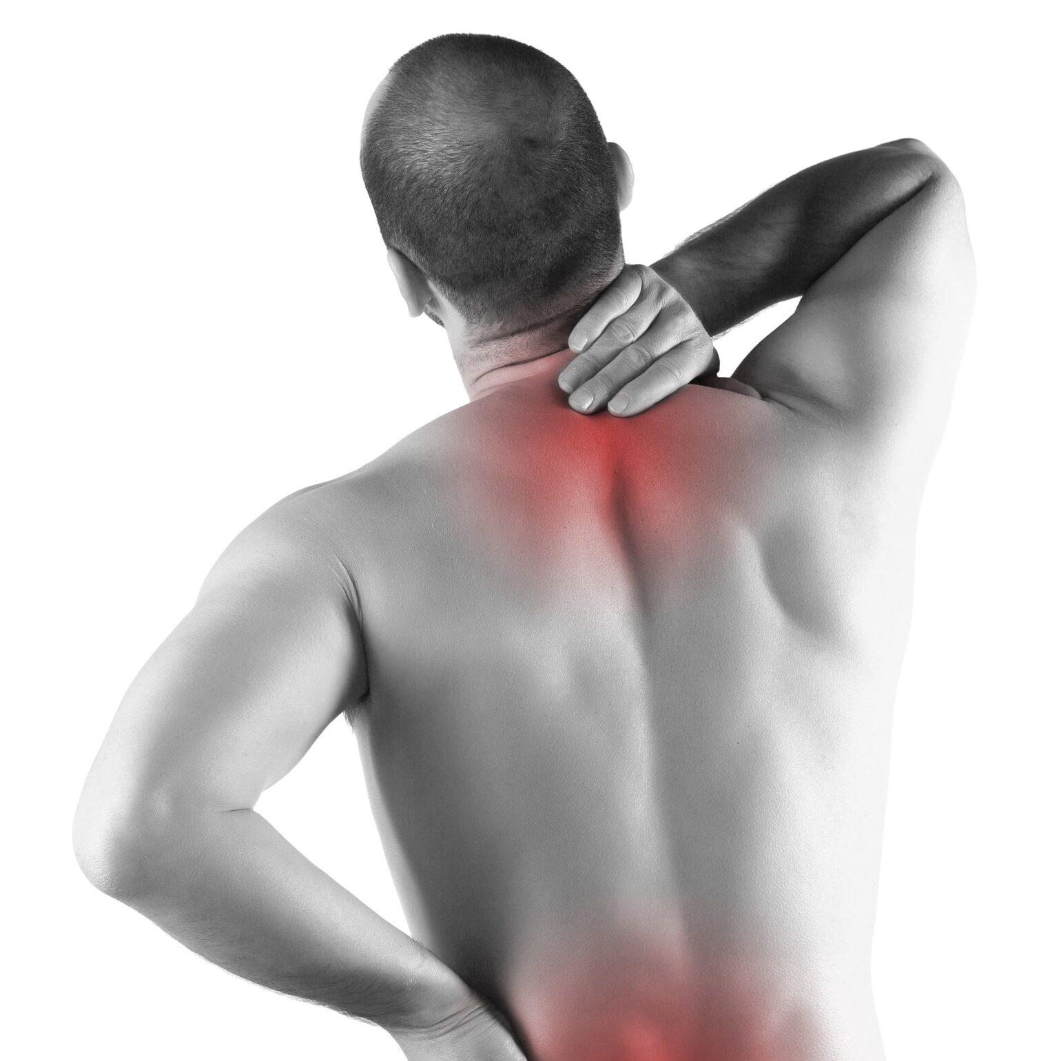 Young man with back pain in the red zone