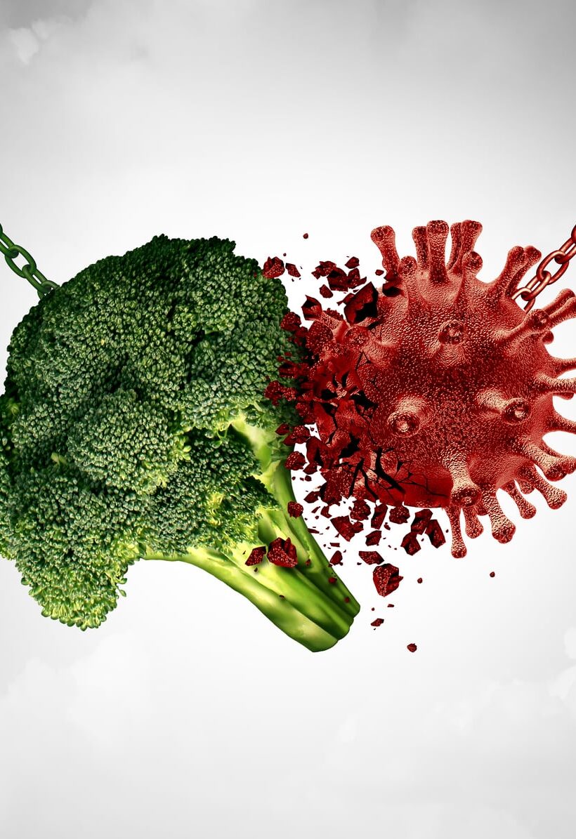Health food and Disease fighting foods nutrition concept with a healthy broccoli vegetable destroying a virus cell as a healthcare metaphor for a fit lifestyle to attack illness with 3D illustration elements.