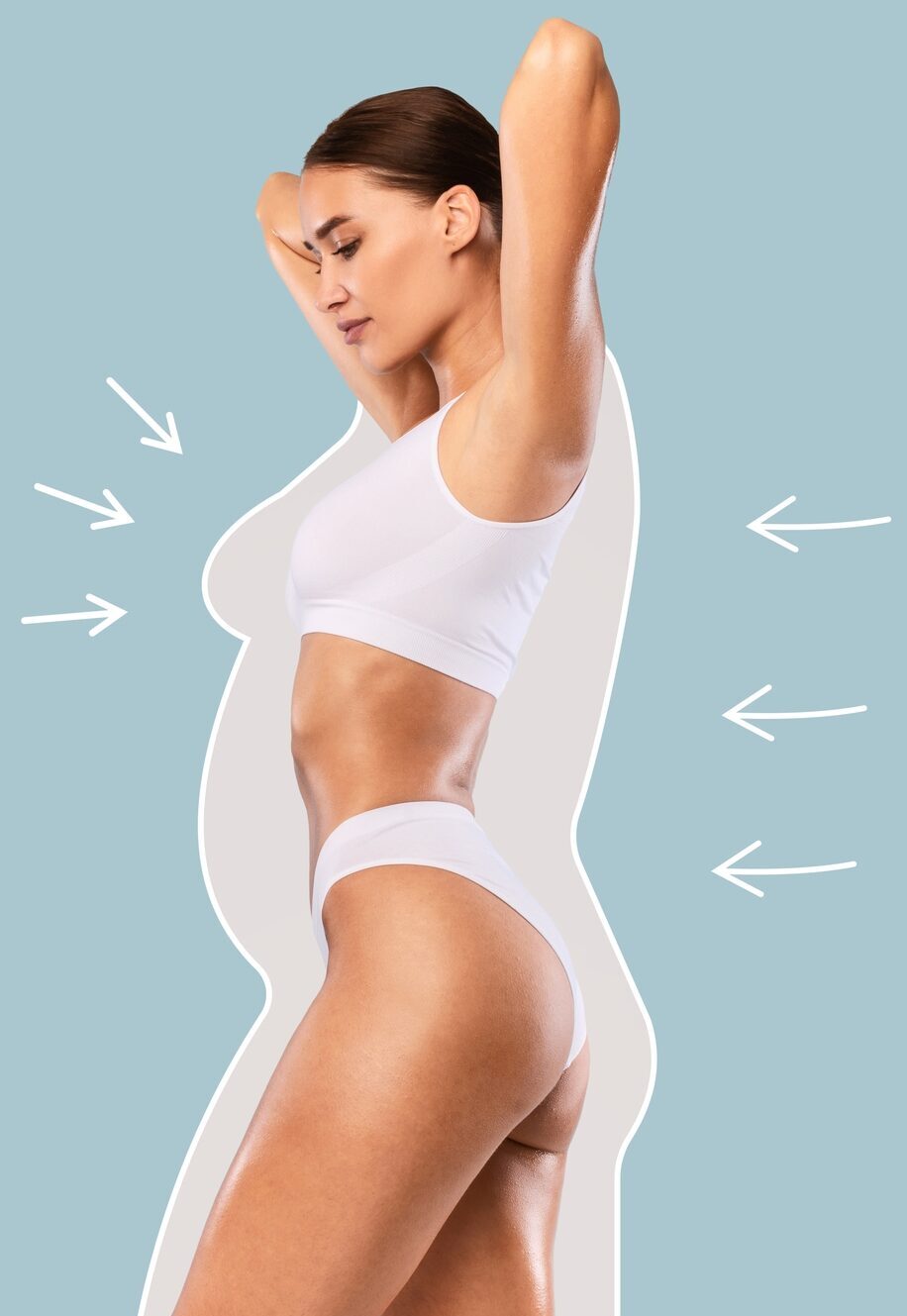 Bodycare And Slimming Concept. Profile Side View Portrait Of Skinny Lady In White Lingerie With Perfect Ideal Body Shape Posing With Raised Arms And Outlines With Arrows Isolated On Blue Studio Wall