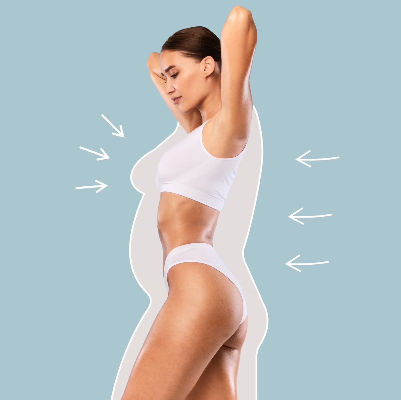 Bodycare And Slimming Concept. Profile Side View Portrait Of Skinny Lady In White Lingerie With Perfect Ideal Body Shape Posing With Raised Arms And Outlines With Arrows Isolated On Blue Studio Wall