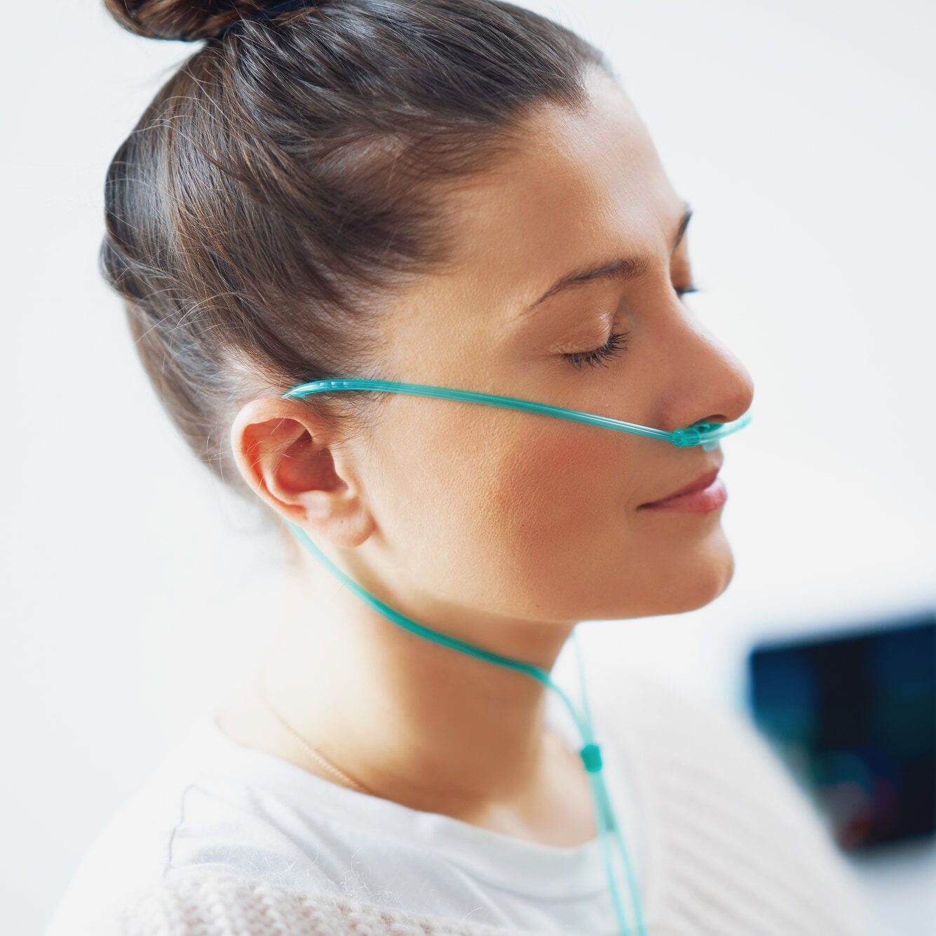 Picture of woman having molecular hydrogen inhalation. High quality photo