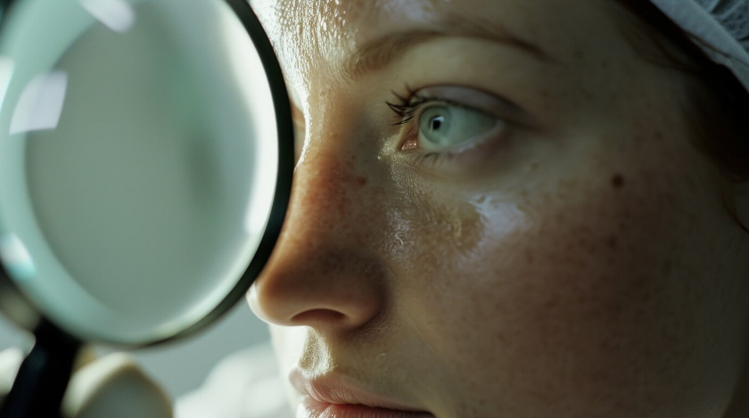 A close-up photo of a woman examining her face in a mirror, focusing on her cheek with visible melasma